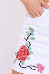 White Denim Floral Embroidered Button Front Skirt - River