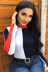 Navy and White Contrast Long Sleeved Bodysuit - Lareen