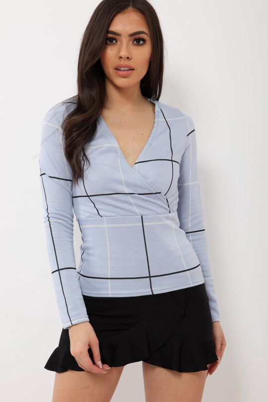 Lilac Check Wrap Front Top - Robyn