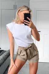 Camel Contrast Stitch Belted Shorts - Michella