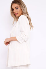 White Pinstripe Ruched Sleeve Blazer - Romelia