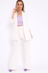 White Pinstripe Ruched Sleeve Blazer - Romelia