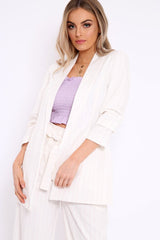 White Pinstripe Ruched Sleeve Blazer - Romelia