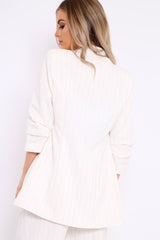 White Pinstripe Ruched Sleeve Blazer - Romelia