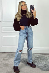 Mid Wash Denim Distressed Knee Extra Long Jeans - Ivelisse