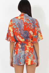 Hot Orange Paisley Print Plunge Playsuit - Rona