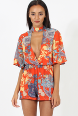 Hot Orange Paisley Print Plunge Playsuit - Rona