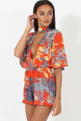 Hot Orange Paisley Print Plunge Playsuit - Rona