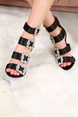 Black Diamante Brooch Satin Heels - Rosabelle