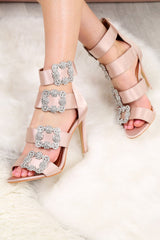 Nude Diamante Brooch Satin Heels - Rosabelle