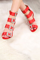 Red Diamante Brooch Satin Heels - Rosabelle