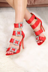 Red Diamante Brooch Satin Heels - Rosabelle