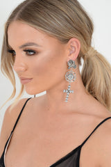 Silver Rose Pearl Coin Cross Drop Earrings - Calavera