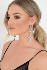 Silver Rose Pearl Coin Cross Drop Earrings - Calavera