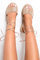 Rose Gold Diamante Lace Up Flatform Sandals - Abryella