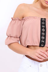 Rose Hook And Eye Bardot Frill Crop Top - Reanna
