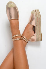 Rose Gold Leather Studded Espadrille Flatforms - Elara