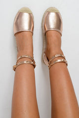 Rose Gold Leather Studded Espadrille Flatforms - Elara