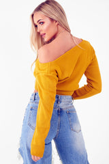 Mustard Crop V Neck Knit Jumper - Rozella