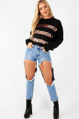 Black Multi Sequin Stripe Sweatshirt - Nadina