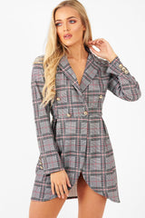 Red Black Check Wrap Blazer Dress - Emry