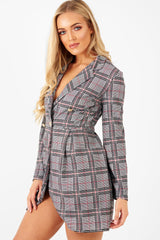 Red Black Check Wrap Blazer Dress - Emry