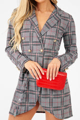 Red Black Check Wrap Blazer Dress - Emry