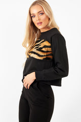 Black Faux Fur Tiger Print Front Cropped Jumper  - Suzie
