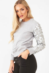 Grey Sequin Sleeve Sweatshirt  - Tasmin
