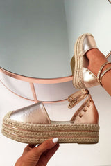 Rose Gold Leather Studded Espadrille Flatforms - Elara