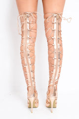 Rose Gold Metallic Knee High Lace Up Heels - Jadalee