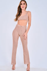 Rose Gold Knitted Metallic Tie Waist Flared Trousers - Davlynn