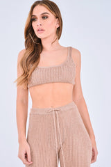 Rose Gold Knitted Metallic Tie Waist Flared Trousers - Davlynn
