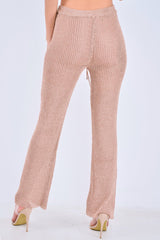 Rose Gold Knitted Metallic Tie Waist Flared Trousers - Davlynn