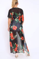 Orange Floral Print Long Kimono - Vonda