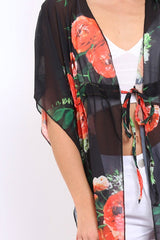 Orange Floral Print Long Kimono - Vonda