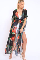 Orange Floral Print Long Kimono - Vonda