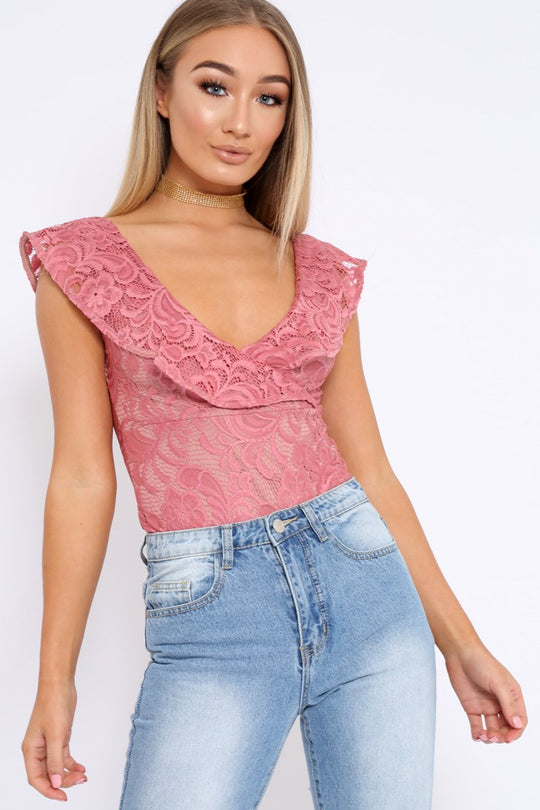 Rose Lace Plunge Frill Bodysuit - Maelani
