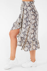 Beige Navy Snake Print Ruffle Midi Skirt - Dominique