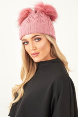 Pink Cable Knit Double Bobble Hat - Cheyann