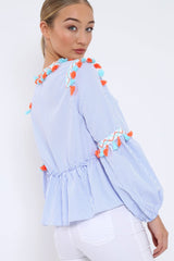 Blue Pinstripe Shirt with Tassel detailing - Roseanna