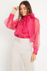 Pink Mesh Balloon Sleeve Blouse - Elvina