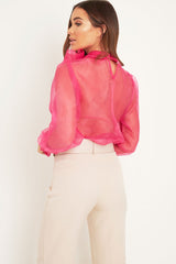 Pink Mesh Balloon Sleeve Blouse - Elvina