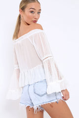 White Sheer Bardot Blouse - Rosey