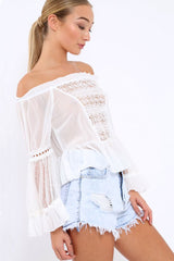 White Sheer Bardot Blouse - Rosey