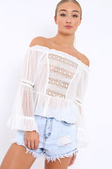 White Sheer Bardot Blouse - Rosey