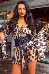 Leopard Print Flared Sleeve Tie Up Playsuit - Deyli