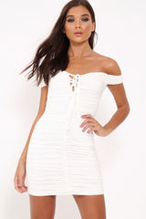 White Ruched Slinky Lace Up Dress - Rosina