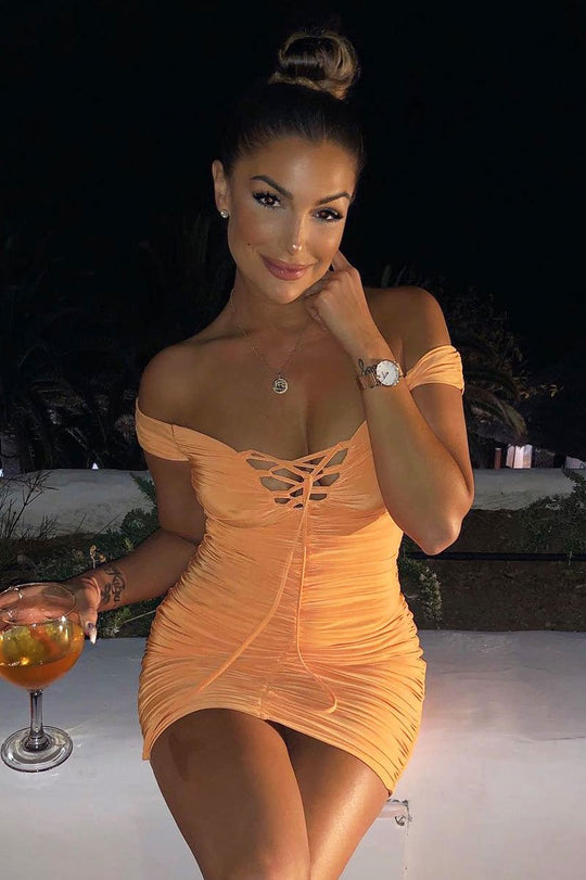 Orange Ruched Slinky Lace Up Dress - Rosina