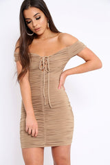 Camel Ruched Slinky Lace Up Dress - Rosina